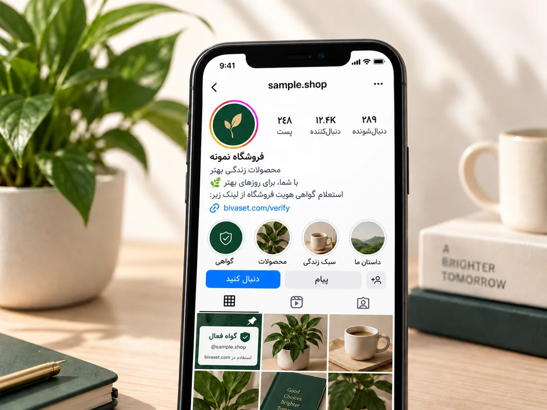 پیج نمایشی فروشگاه نمونه؛ لینک گواه در بایو و تصویر گواه فعال همین پیج در پست پین‌شده